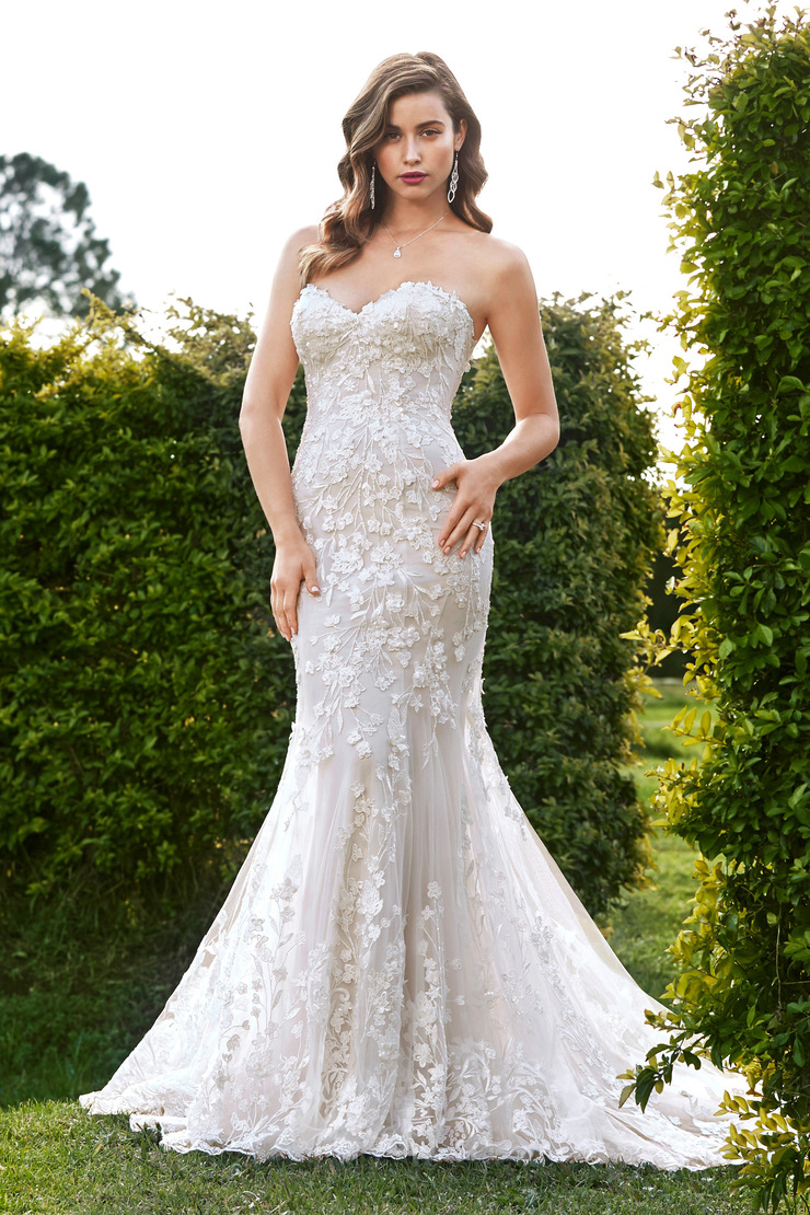 Statuesque Trumpet Wedding Gown with 3D Lace Flowers Leona